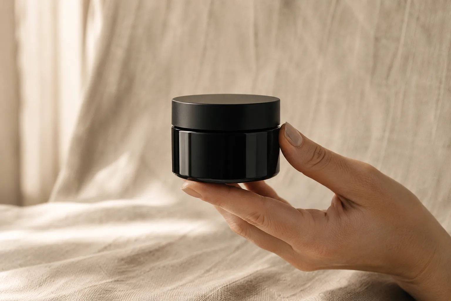 The Lamsa jar held in one hand against warm linen