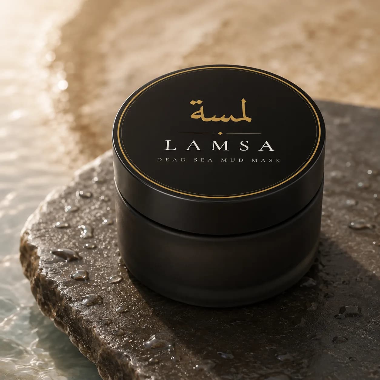 Lamsa Dead Sea Ritual Mud Mask jar on wet Dead Sea stone